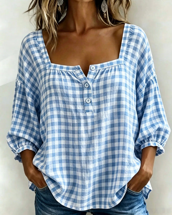 Square Neck Button-Up Plaid Blouse