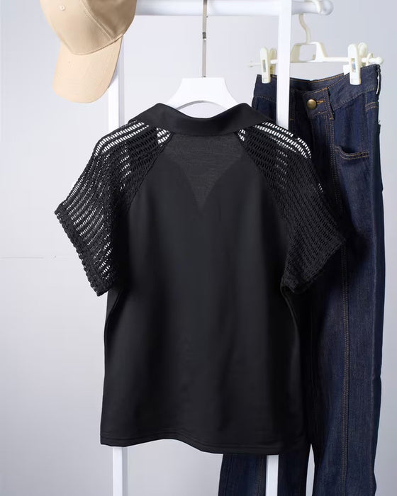 Solid Color Lapel Hollow Out Blouse