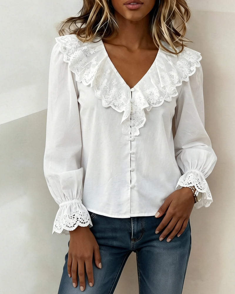 V-Neck Lace Trim Single Breasted Blouse