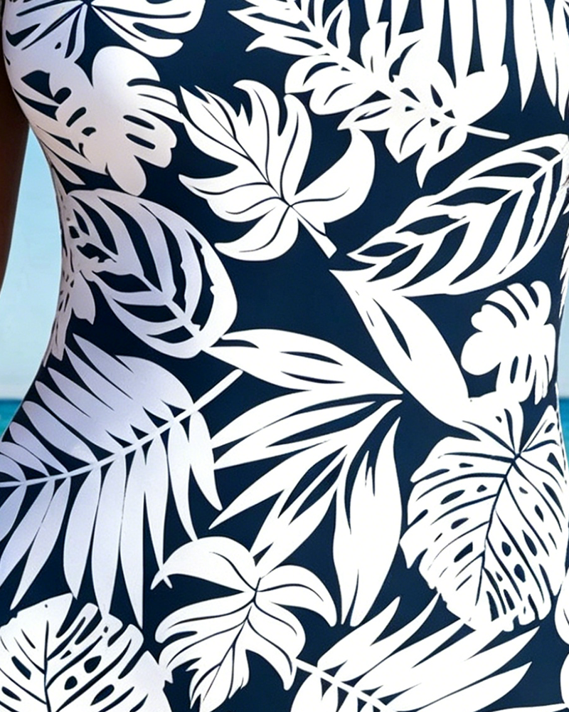 Tropical Leaf Print One-Piece