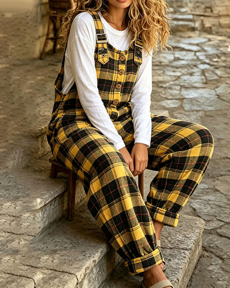 Check Button Pocket Jumpsuits