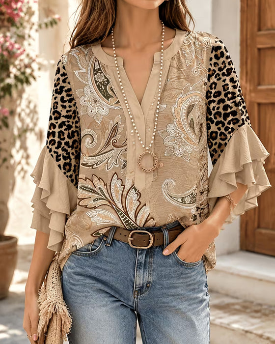 Leopard Print Panel Ruffle Sleeve Blouse