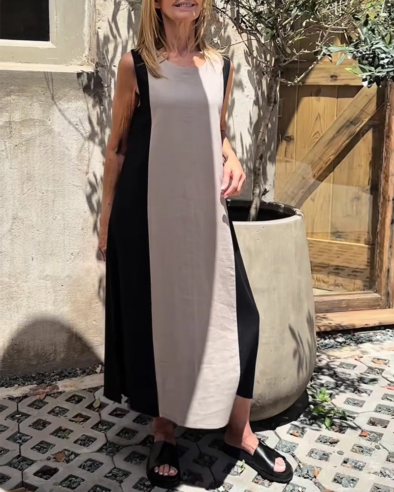 Sleeveless Color-Blocked Slit Dress