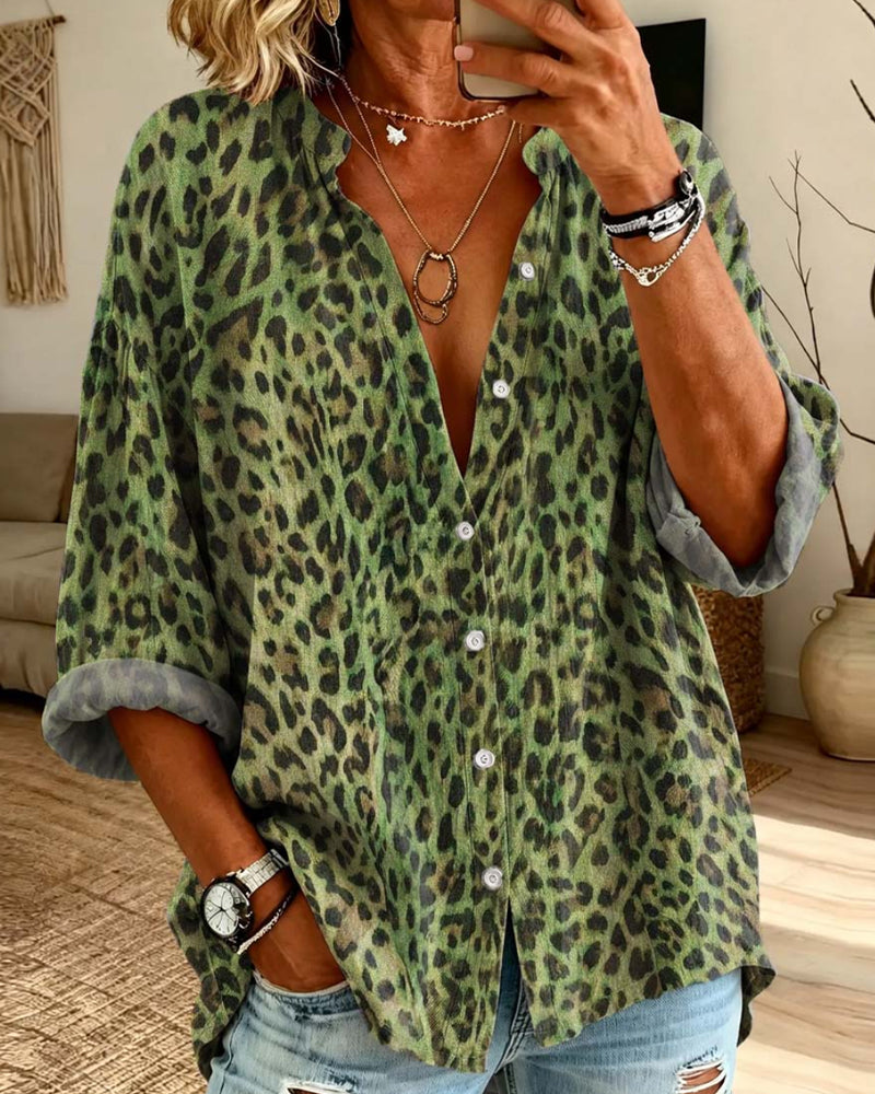 V-Neck Button Leopard Long Sleeve Shirt