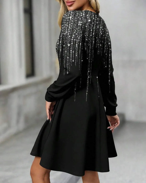 V-Neck Long Sleeve A-Line Dress