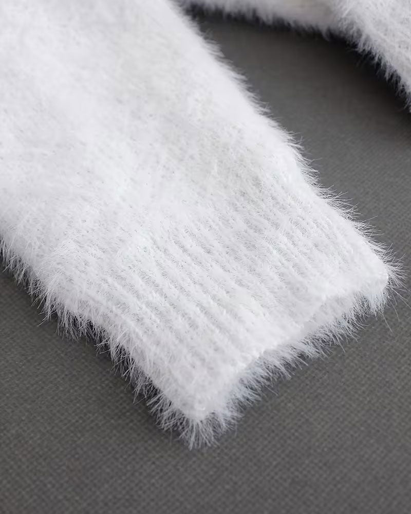 Chain Detail Off-The-Shoulder Fluffy Pullover