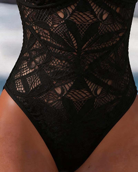 Cutout Lace One-Shoulder One-Piece