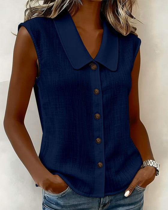 Sleeveless Lapel Linen-Cotton Shirt