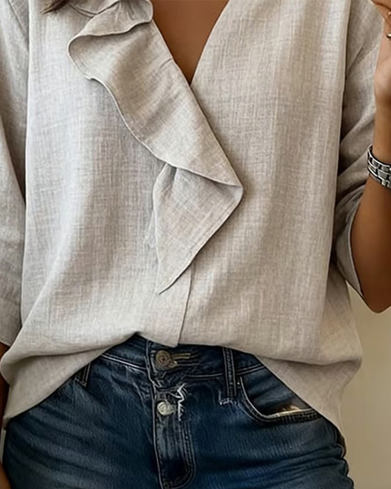 Ruffled Solid-Color Long-Sleeved Blouse