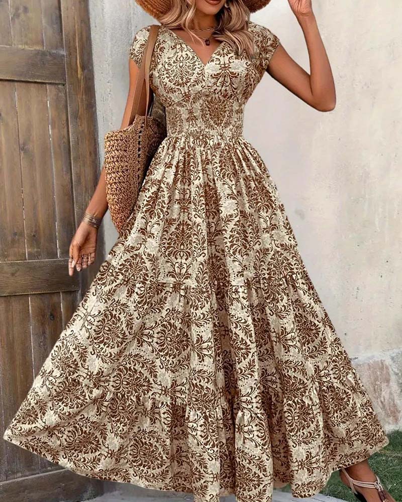 Retro Print V-Neck Cinched Waist Long Dress