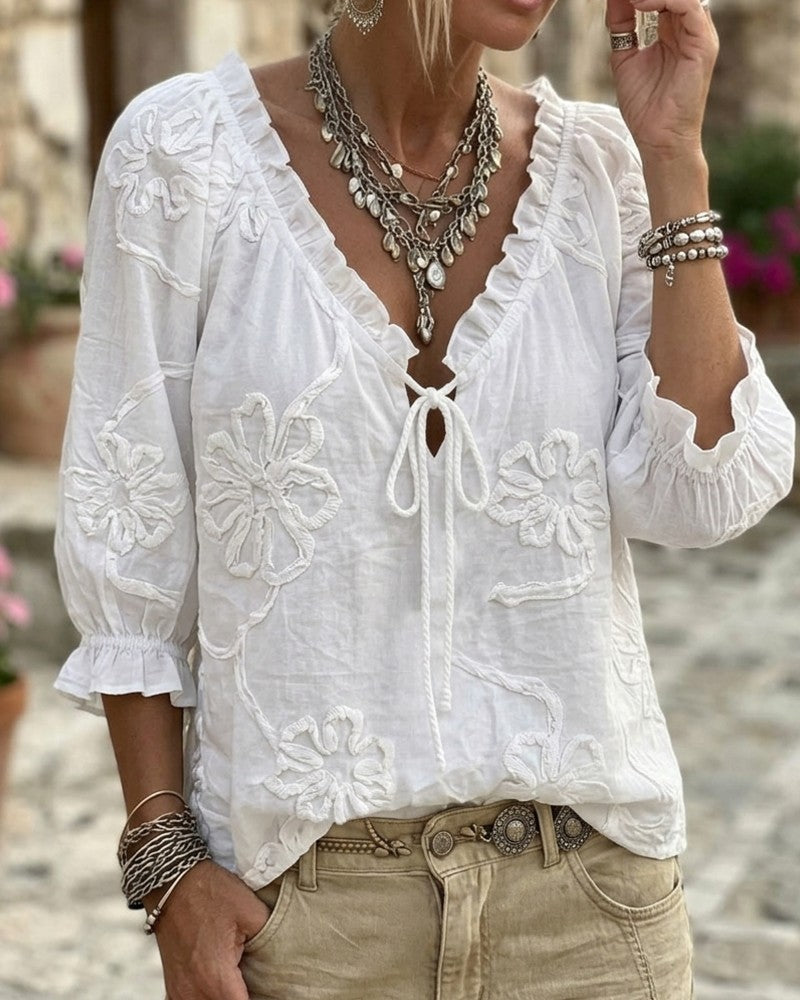 100% Cotton V-Neck Wrap Tie Ruffled Blouse