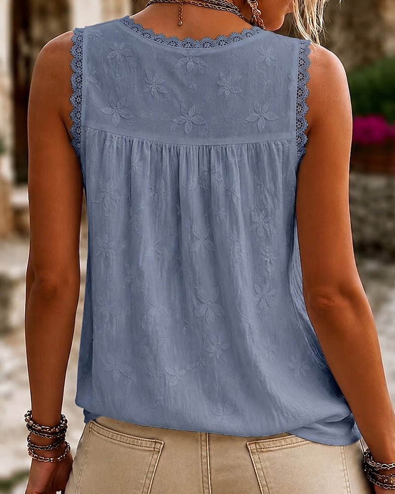 V-Neck Solid Color Lace Tank Top