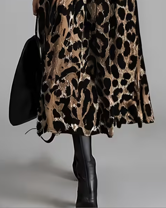Crew Neck Leopard Full Skirt Dress