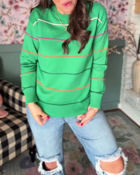 Casual Round Neck Striped Pullover Sweater