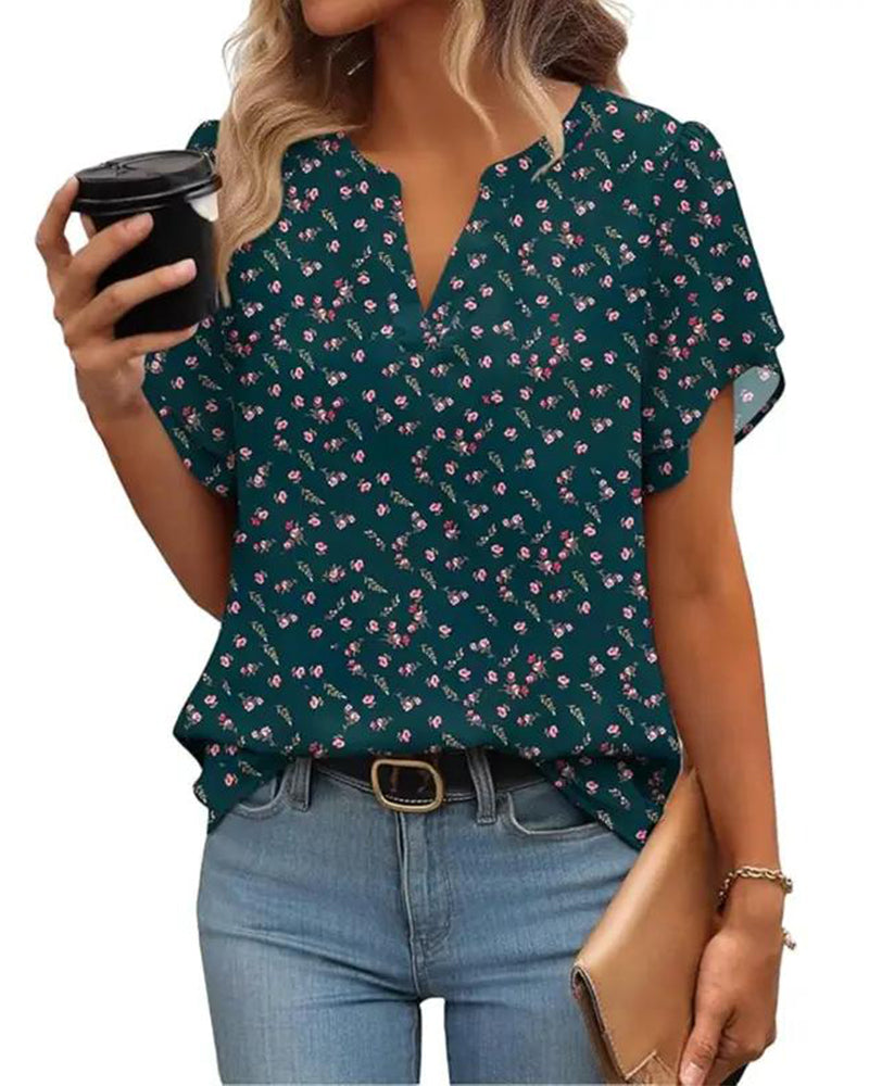 Flower Print Small V-Neck Blouse