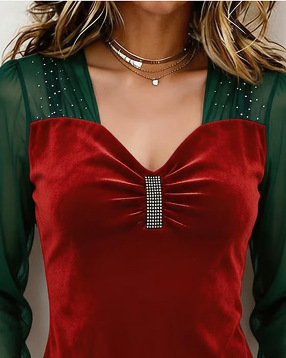 V-Neck Ruched Mesh Color-Block Slim-Fit Blouse