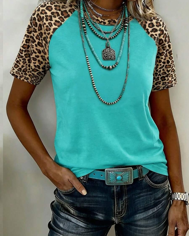 Leopard Print Patchwork Raglan Sleeve T-Shirt