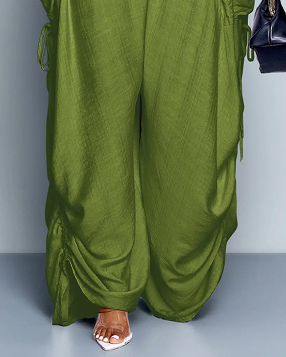 Solid Color Pleated High-Waist Wide-Leg Pants