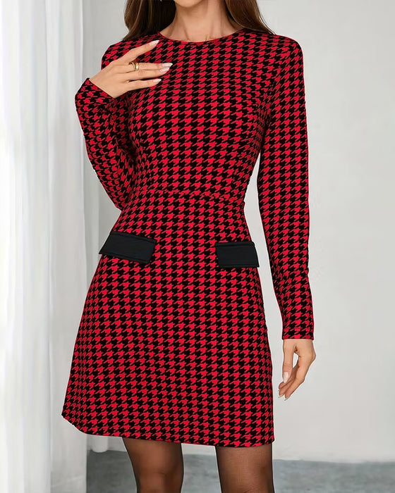 Long-Sleeved Houndstooth Print Dress