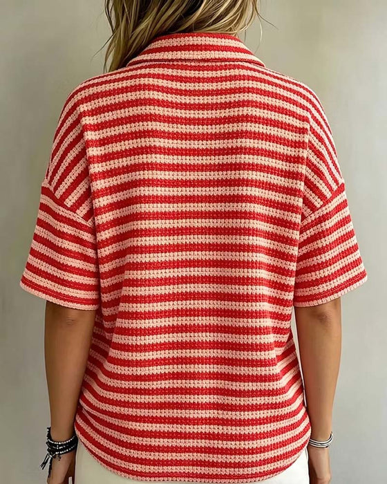 Polo Collar Striped Button-Front Blouse