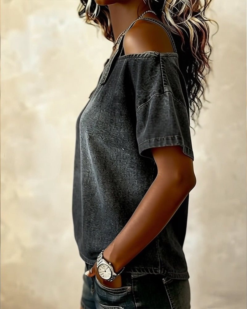 Off-Shoulder With Shoulder Strap Denim Blouse