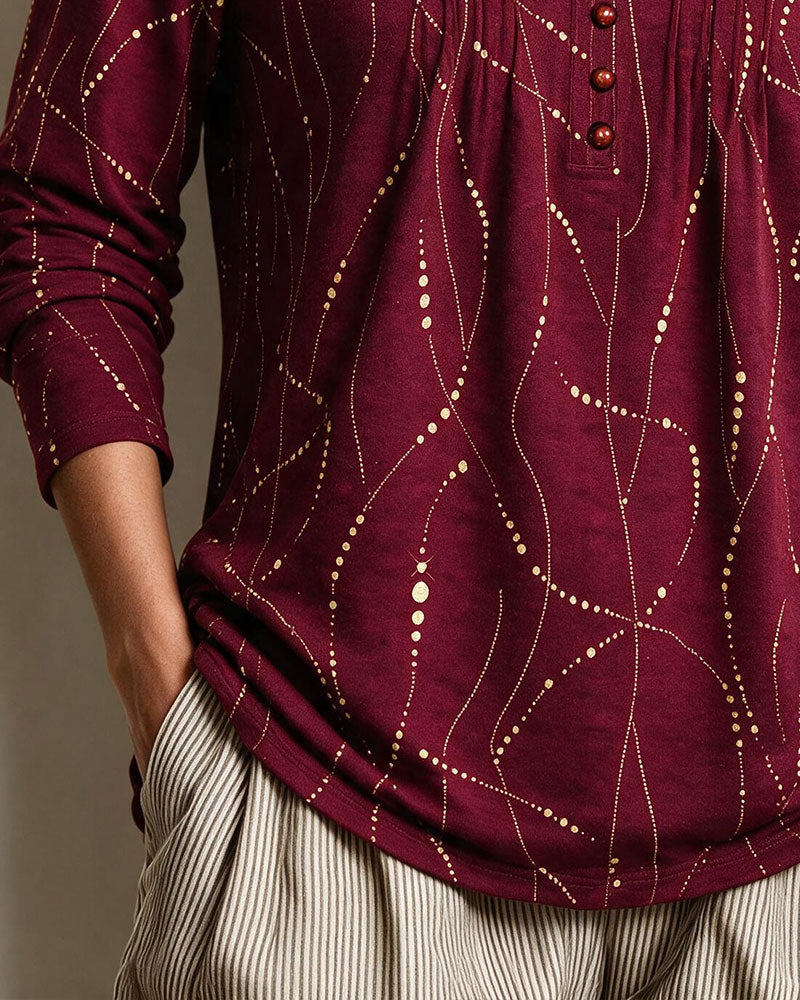 V-Neck Button Shirred Line Blouse