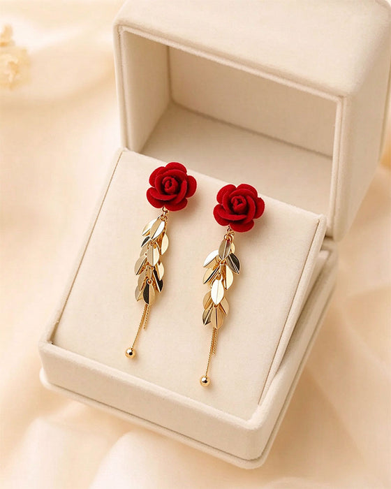 Flocked Rose Heart Long Drop Earrings