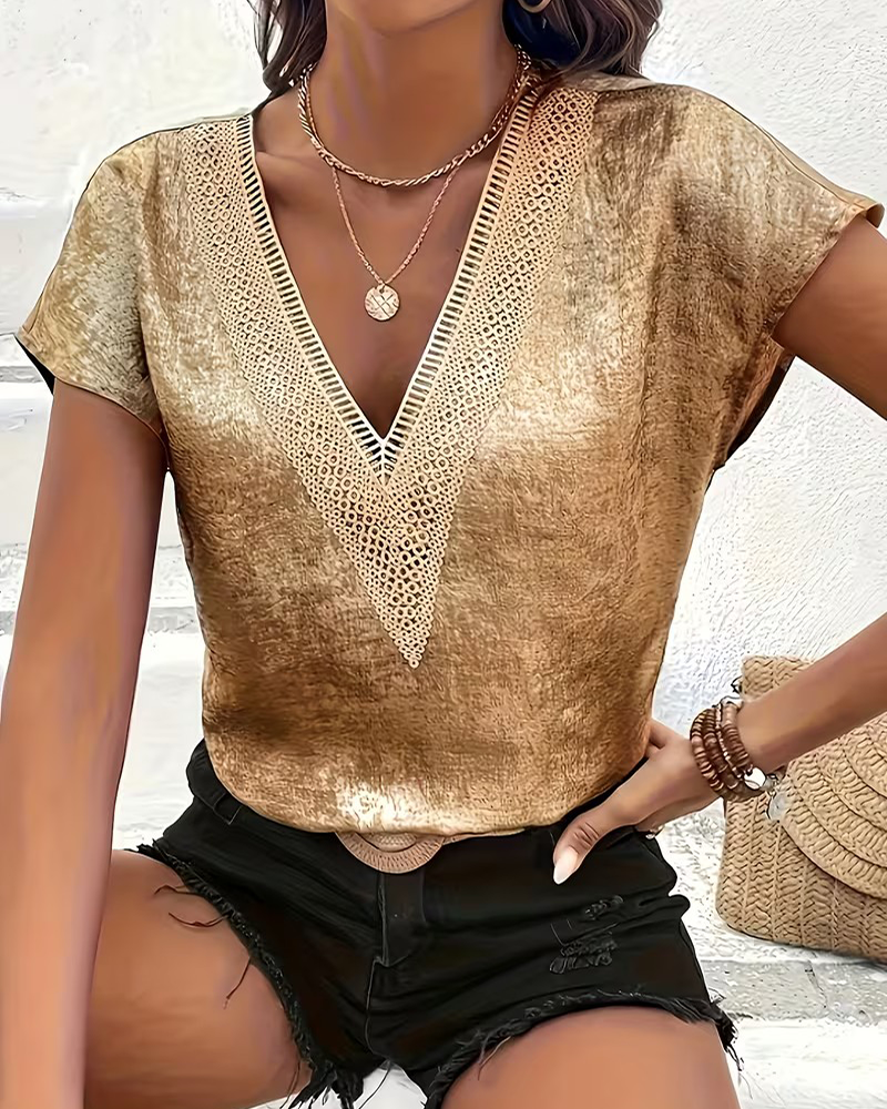 Hollow Out V Neck Batwing Sleeve Blouse