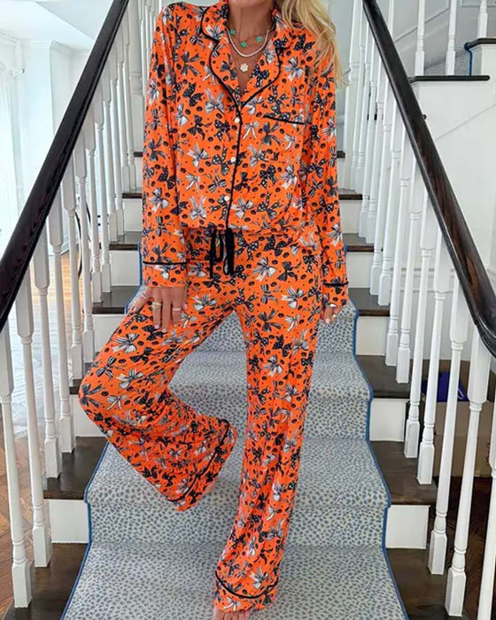 Shirt Collar Printed Button Pajama Set