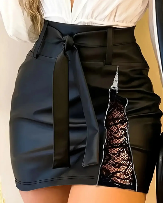 Lace Patchwork Bodycon PU Skirt