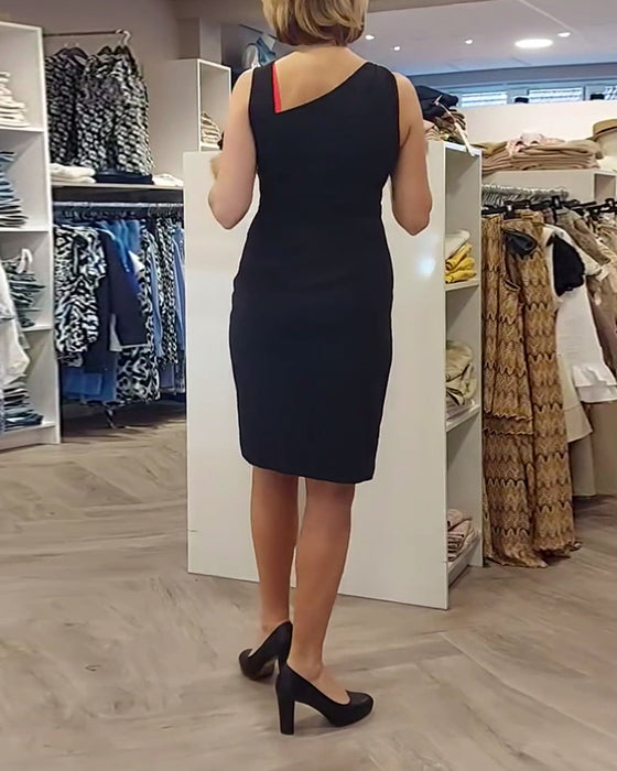 Sleeveless slant neck solid color dress