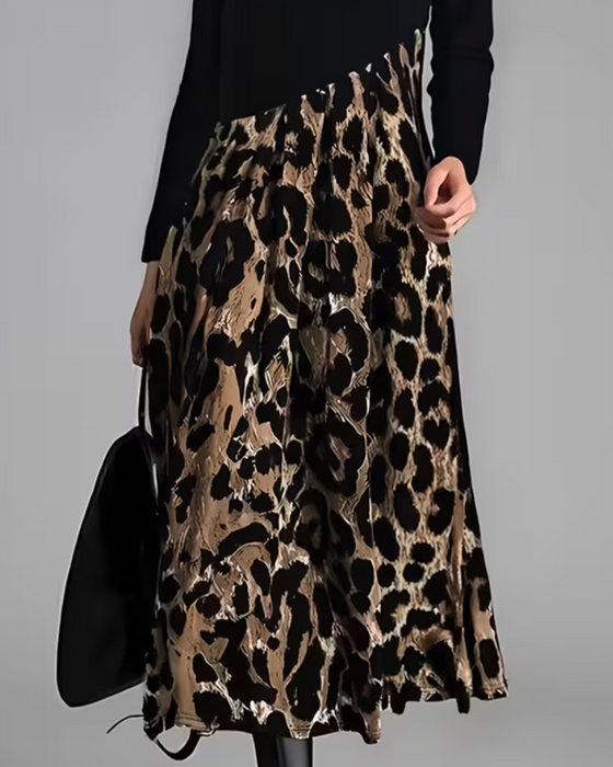Crew Neck Leopard Full Skirt Dress