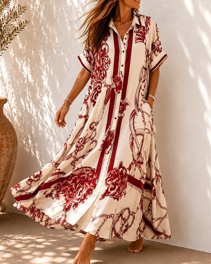 Vintage Scrollwork Lapel Shirt Dress