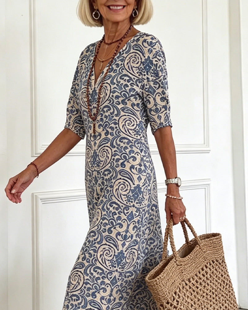 Vintage Floral V-Neck Maxi Dress