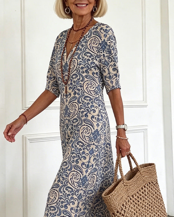 Vintage Floral V-Neck Maxi Dress