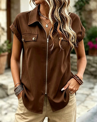 Zipper Lapel Short Sleeve Blouse