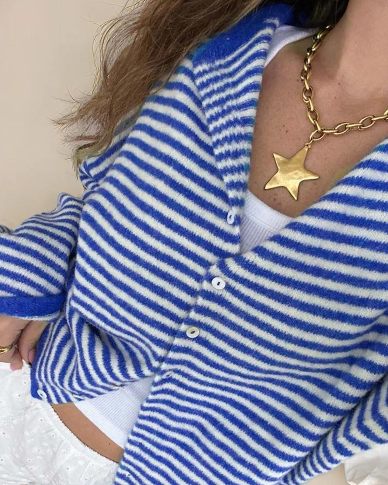 Crew Neck Button Front Striped Pullover