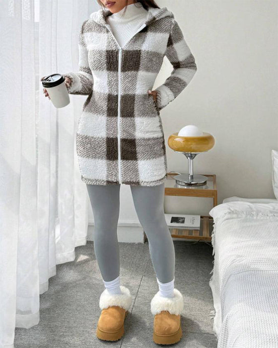 Women's Plaid Fleece Long Sleeve Hooded Coat
