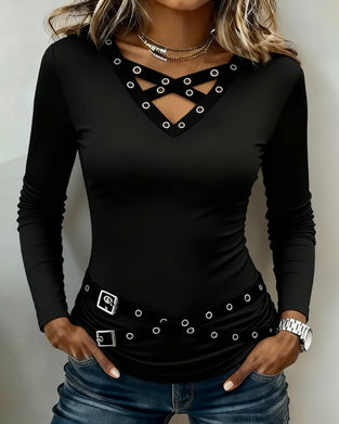 Cross V-Neck Long-Sleeved Top