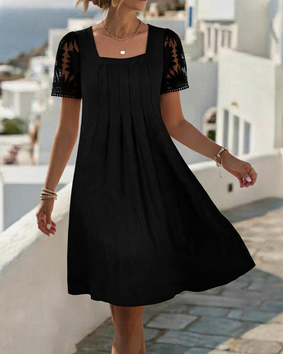 Square Neck Solid Lace Patchwork High Waist Dress