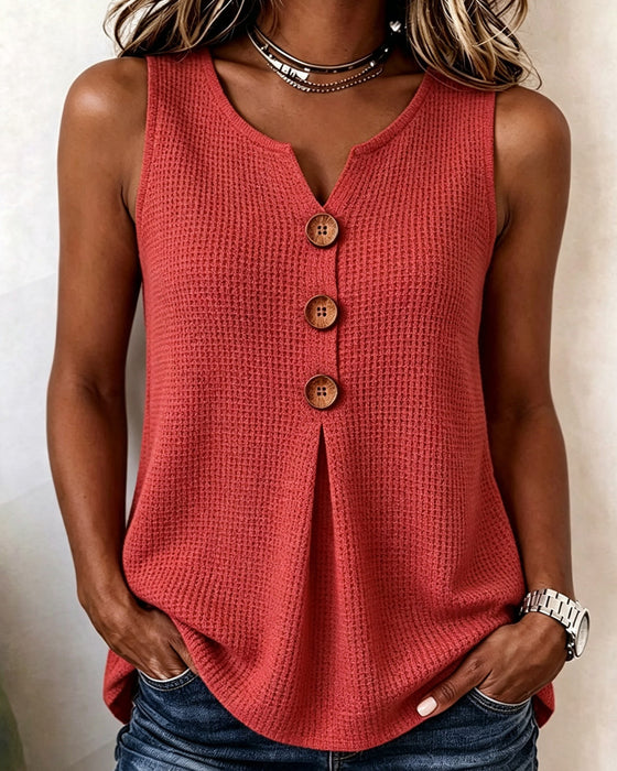 Sleeveless Small V-Neck Waffle Solid Tank Top