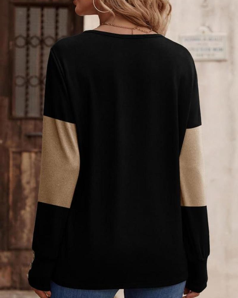 Women's Colorblock Print Button Decor Drop Shoulder Tee