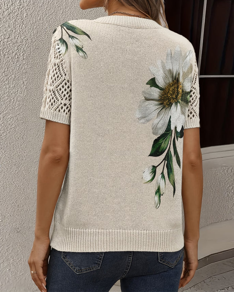 V-Neck Knitted Floral Pullover