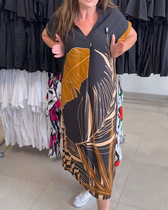 V-Neck Large Leaf Print Loose Dress