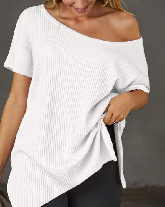 Irregular Off-Shoulder Short Sleeve Ribbed T-Shirt