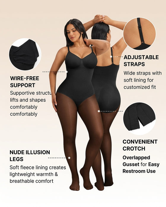Sheer-Panel with Fleece Lined Tights Stay-Warm Tummy Control Sheer Effect Tights Bodysuit