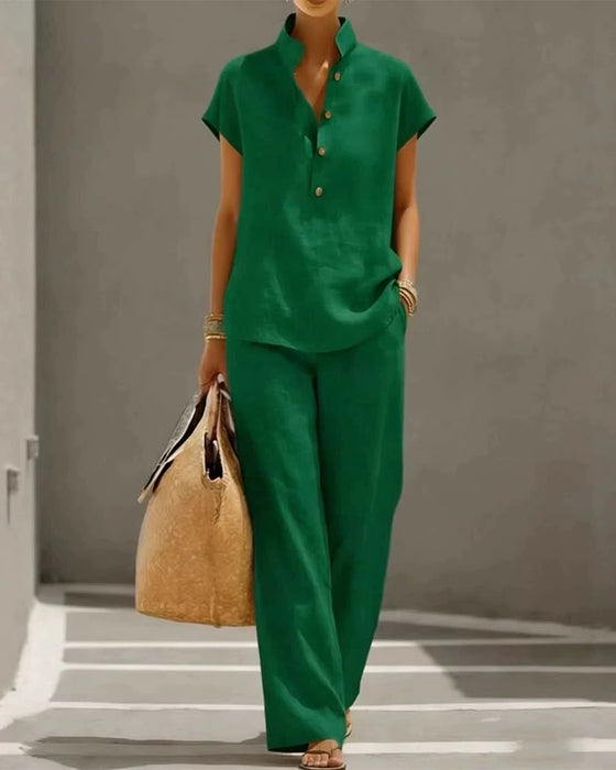 Stand-Collar Button Short-Sleeve And Long Pants Set