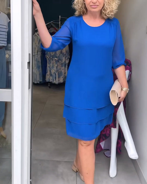Half-Sleeve Crewneck Double-Layer Tiered Dress