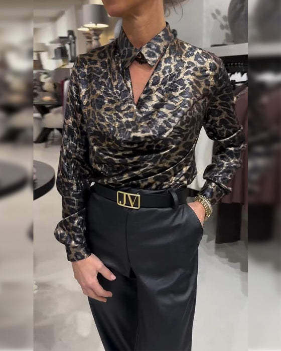 Stylish Leopard Print Shirt With Draped Collar