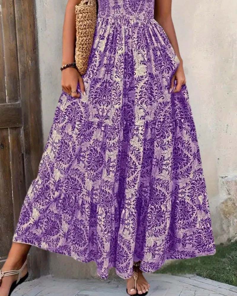 Retro Print V-Neck Cinched Waist Long Dress